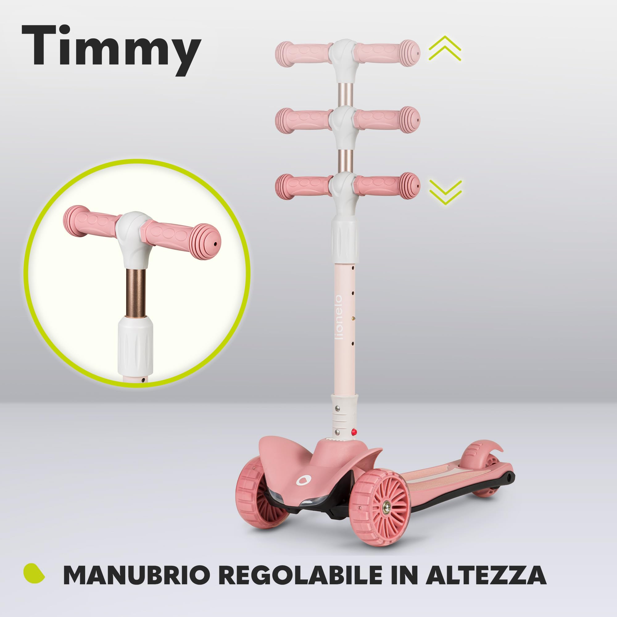 LIONELO Timmy - Monopattino per bambini da 3 anni fino a 50 kg, monopattino a tre ruote con regolazione in altezza, piattaforma antiscivolo, freno, ruote e piattaforma LED