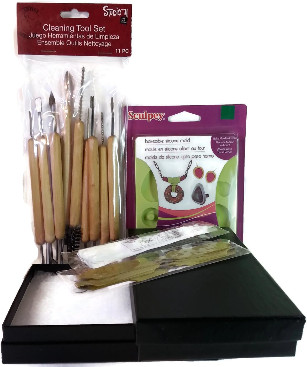 Gift Maker's Bundle of 6 Items: 11-Piece Clay Carving and Cleaning Set, 1 Bakeable Silicone Cabochon Mold, 2 Jewelry Boxes, 2 Pull-Out Bows