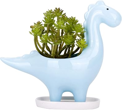 VanEnjoy Desktop Cute Cartoon Herbivorous Dinosaur White Ceramic Succulent Planter with Tray, Bonsai Cactus Flower Pot Vase Holder Decorative Organizer