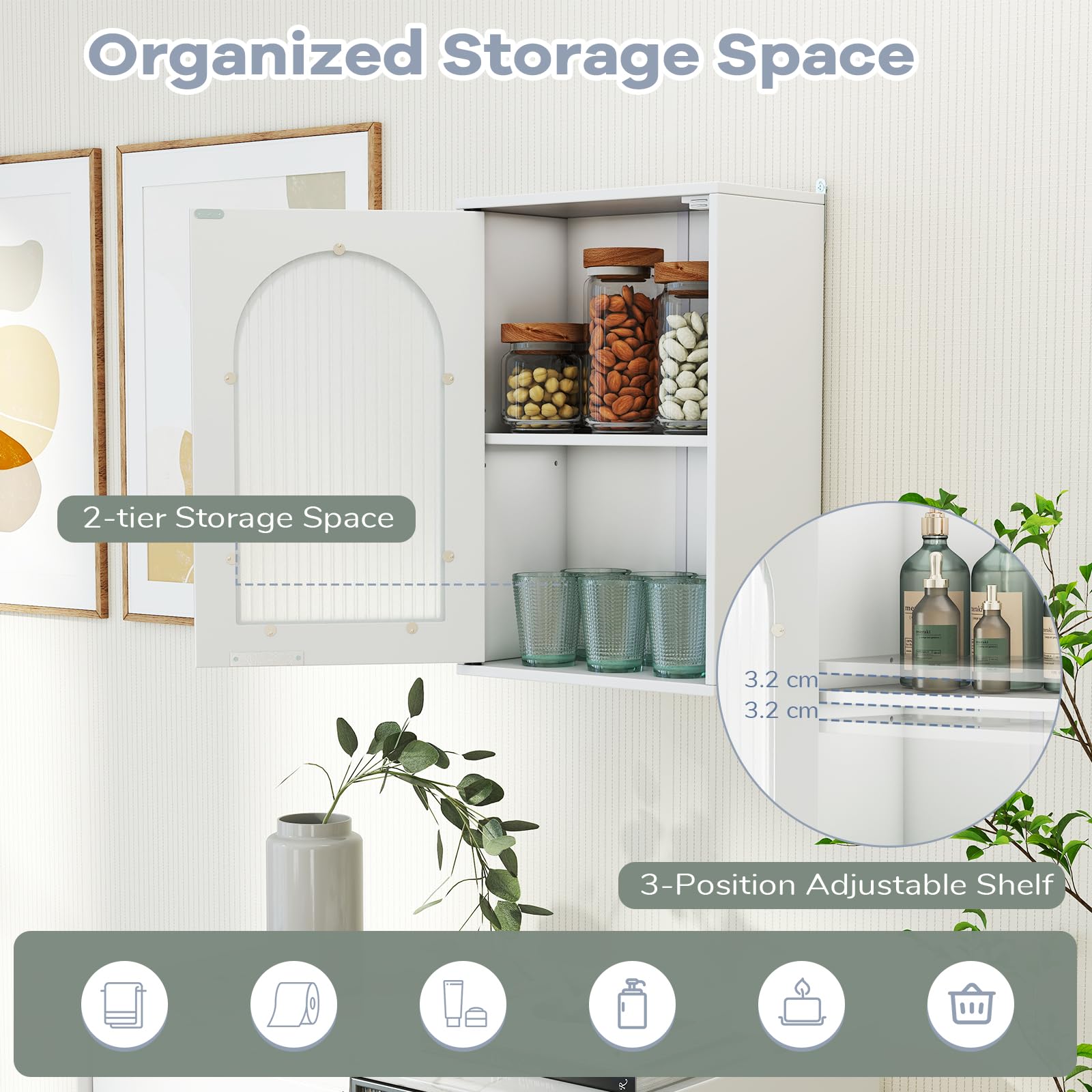 LIFEZEALMeuble de Salle de Bain Mural, Meuble de Cuisine Mural, Armoire Murale Suspendue avec Porte en Verre, étagère réglable, Placard, Blanc, Salle de Stockage, Moderne (Blanc, 35 x 20 x 52,5 cm)
