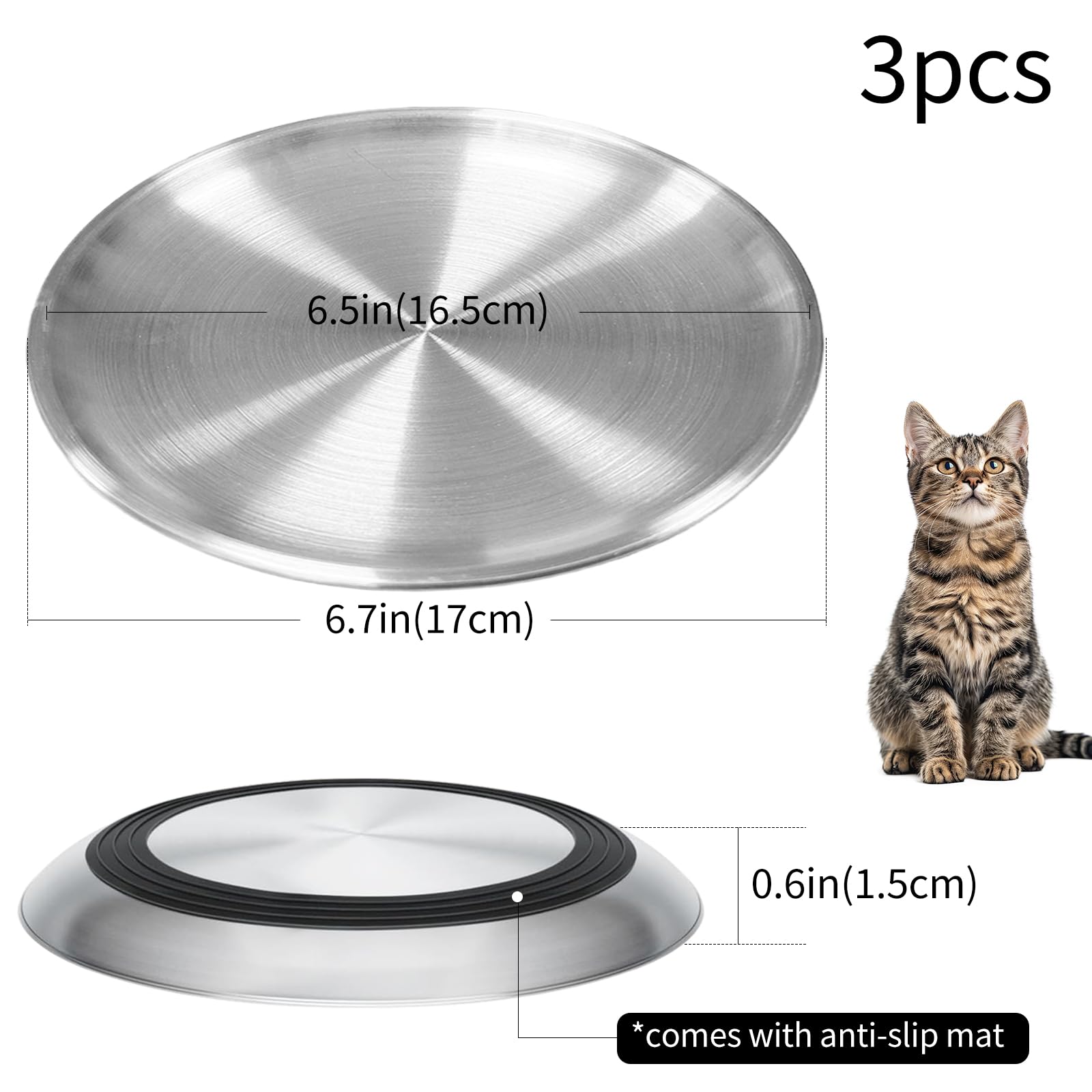 Set di 3 Ciotole per Gatti, Ciotole per Gatti in Acciaio Inossidabile con Base in Gomma Antiscivolo Ciotola Piatta Adatta ai Baffi, Facile da Pulire (17 cm/6,7 Pollici)