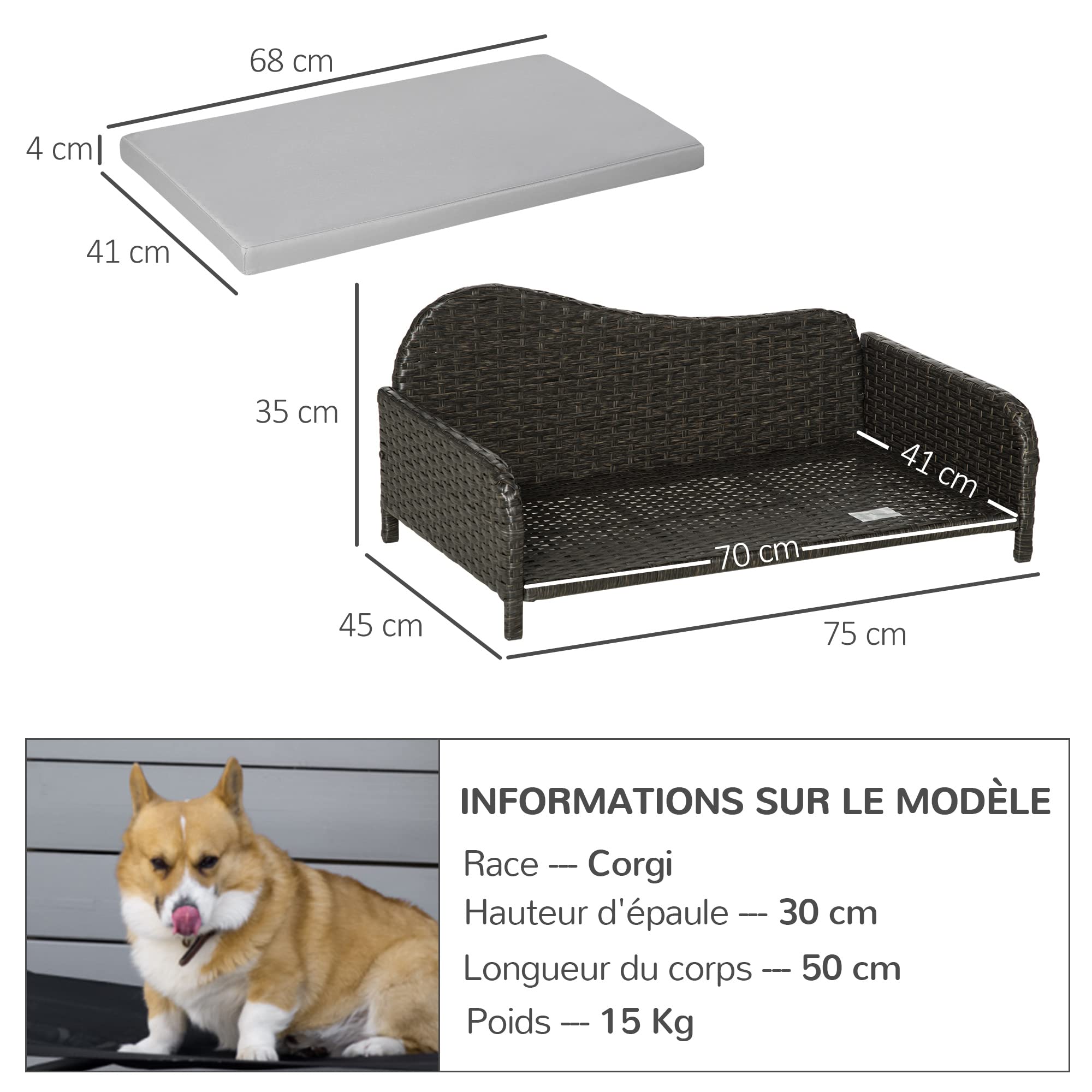 PawHut Canapé Panier pour Chiens et Chats, en résine tressée, avec Rembourrage, imperméable et Lavable, terne à l'intérieur et à l'extérieur. 75L x 45l x 35H cm