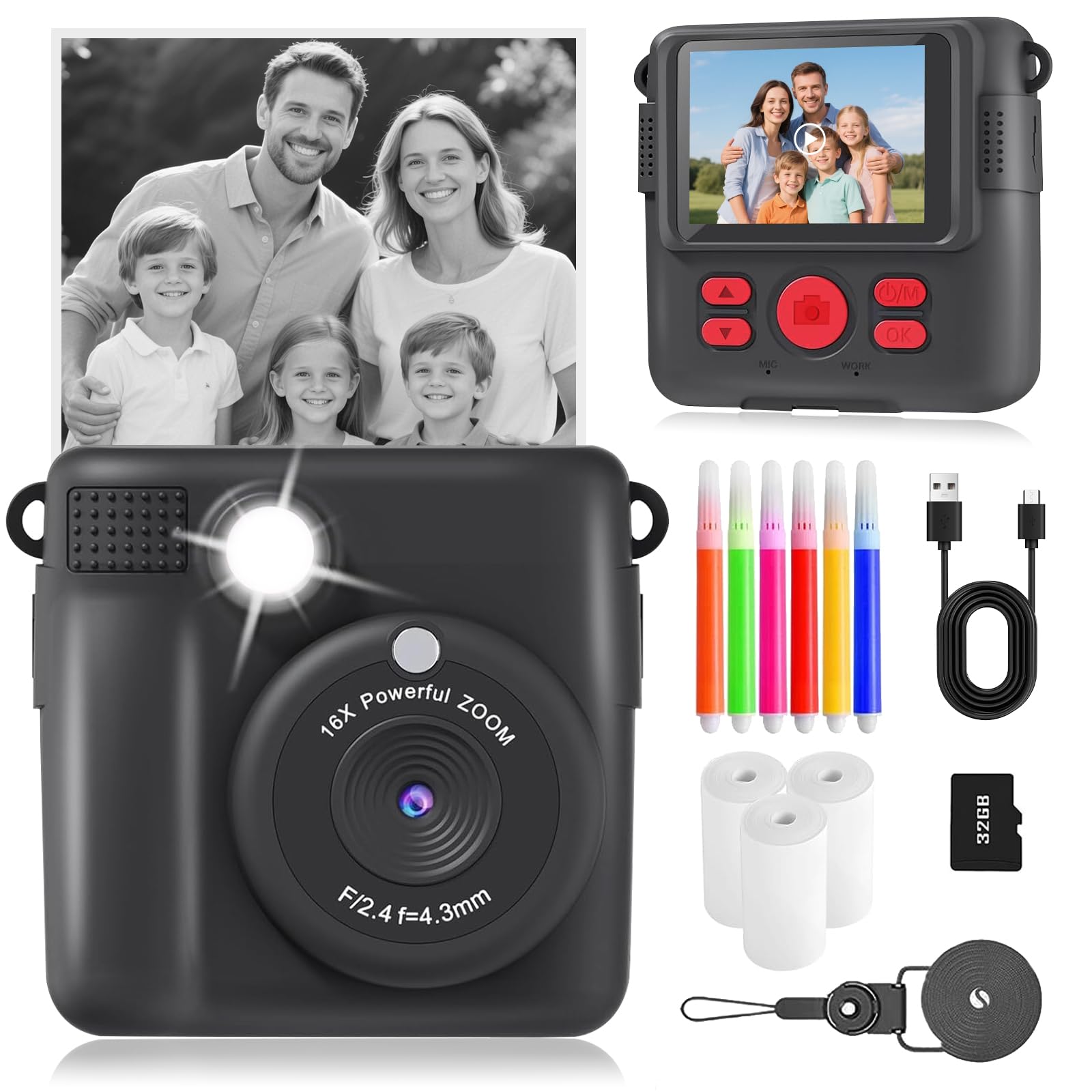 CHRERNA Appareil Photo Instantané Enfant, 1080P Appareil Photo Enfant & Caméra Vidéo avec Carte de 32GB & Papier d'impression, Cadeau pour Garçons & Filles de 3 à 12 Ans(Noir