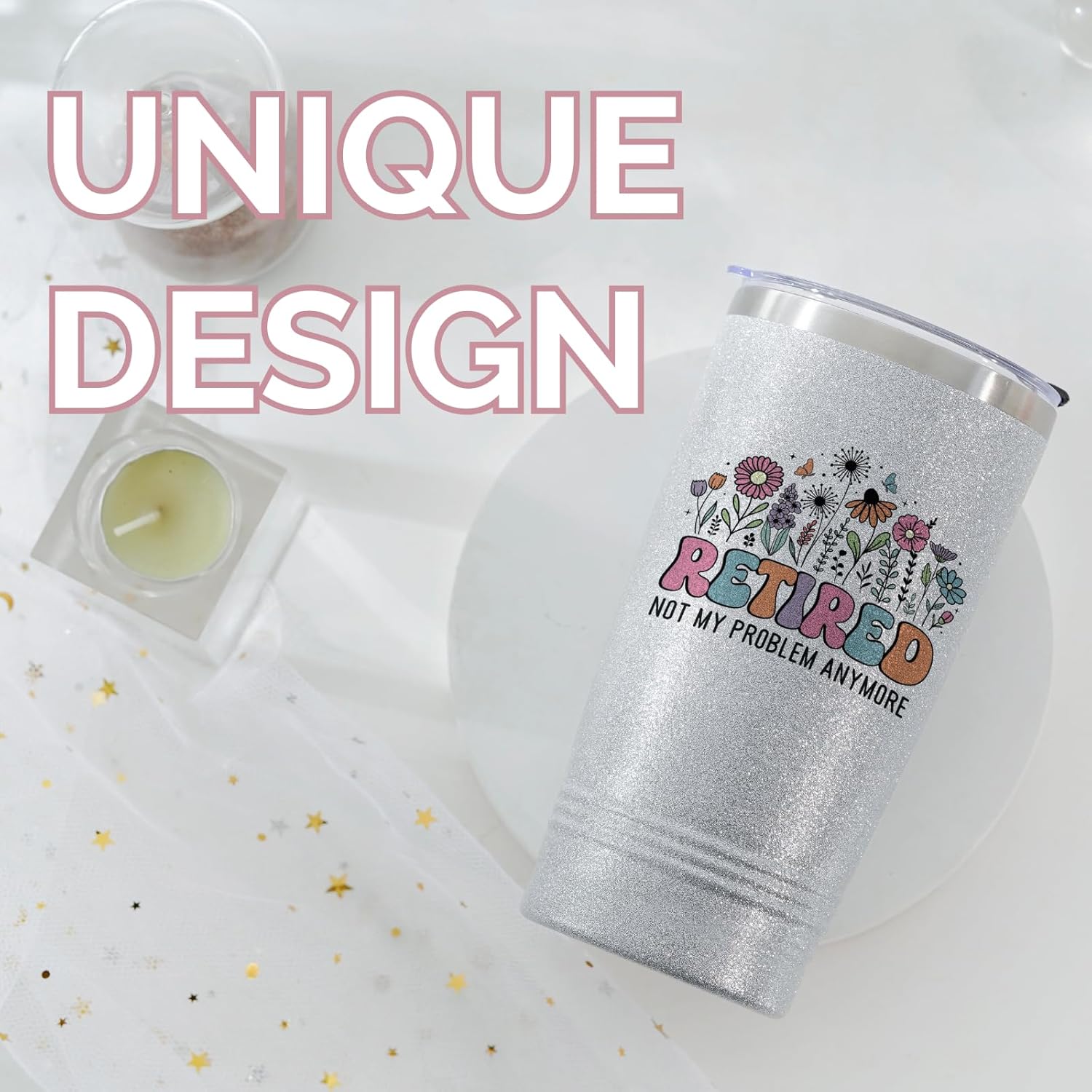 Onebttl Retirement Gifts for Women, Unique Retirement Tumbler for Women, 20oz Stainless Steel Skinny Tumbler with Spill-Proof Lid, Retired Gifts For Grandma, Nurse, Teacher, Glitter Silver - Retired - Image 2