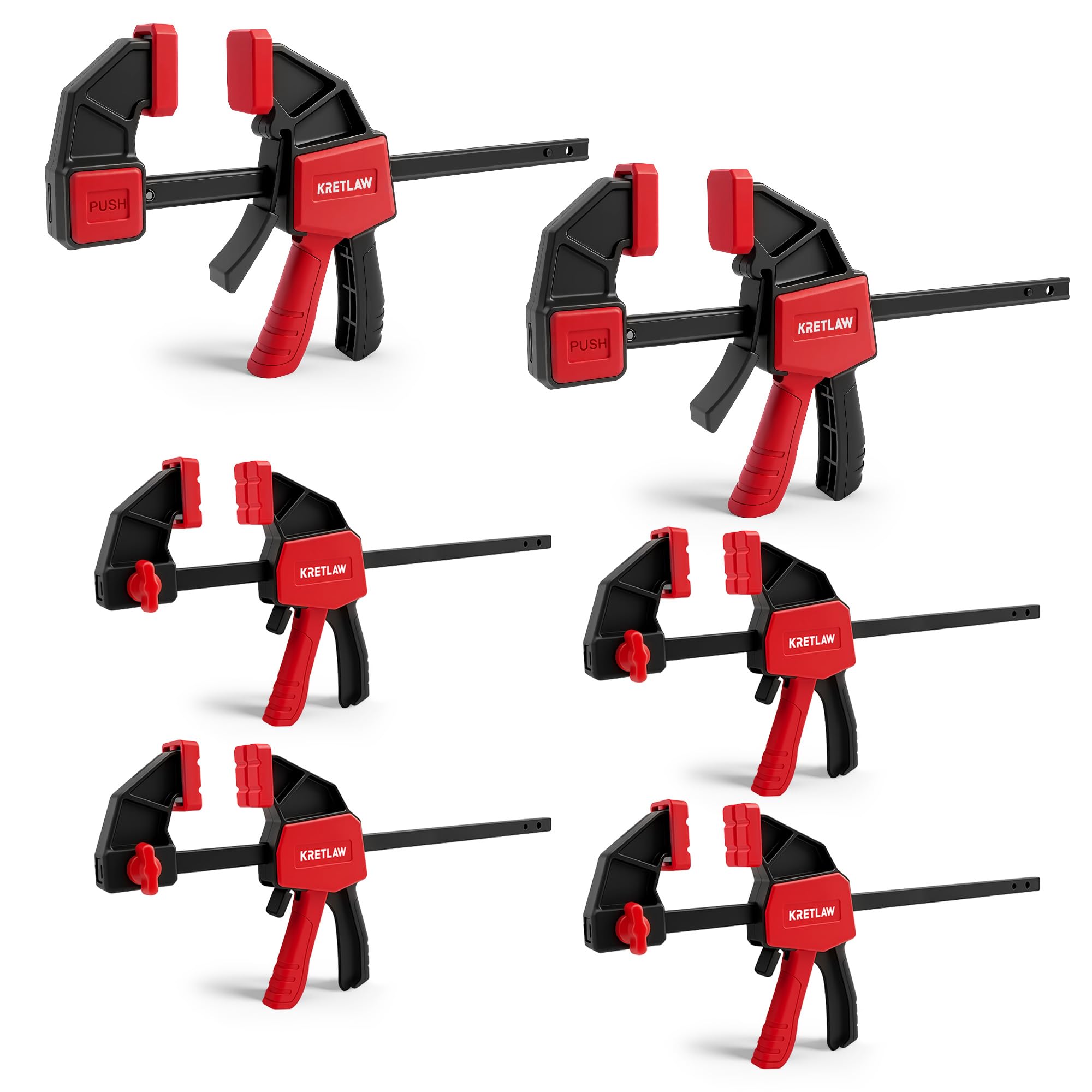 Kretlaw Red, Black 6-Pack Wood Clamps, 150Mm×2 And 120Mm×4 Quick Release C-Clamps & Spreaders, One-Hand Bar Clamp For Woodworking, 75Kg&45Kg Load Capacity