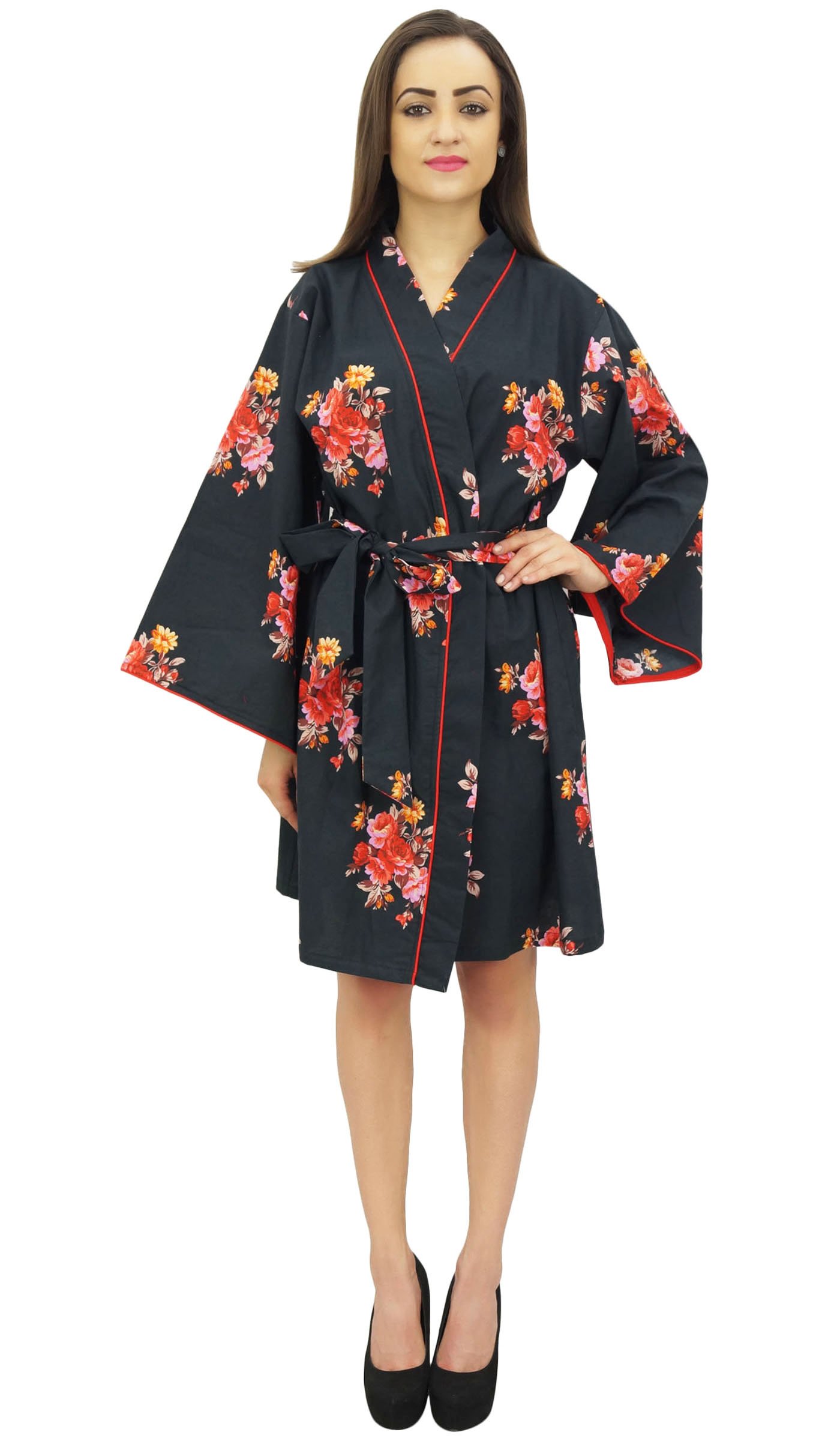 Bimba Mujeres Estampado Floral Kimono Robe Algodon Popelin Ropa De Dormir Nupcial Cubrir