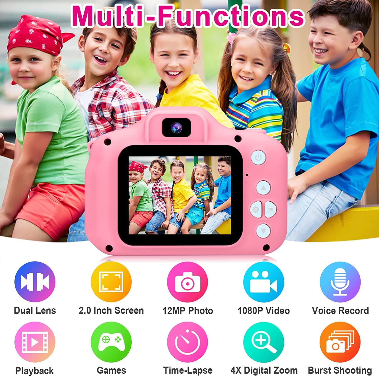 CADDLE & TOES Kids Selfie Camera, Christmas Birthday Gifts for Girls Age 3-9, HD Digital Video Cameras for Toddler, Portable Toy for 3 4 5 6 7 8 Year Old Girl (Pink-with SD Card) - Image 5 thumbnail