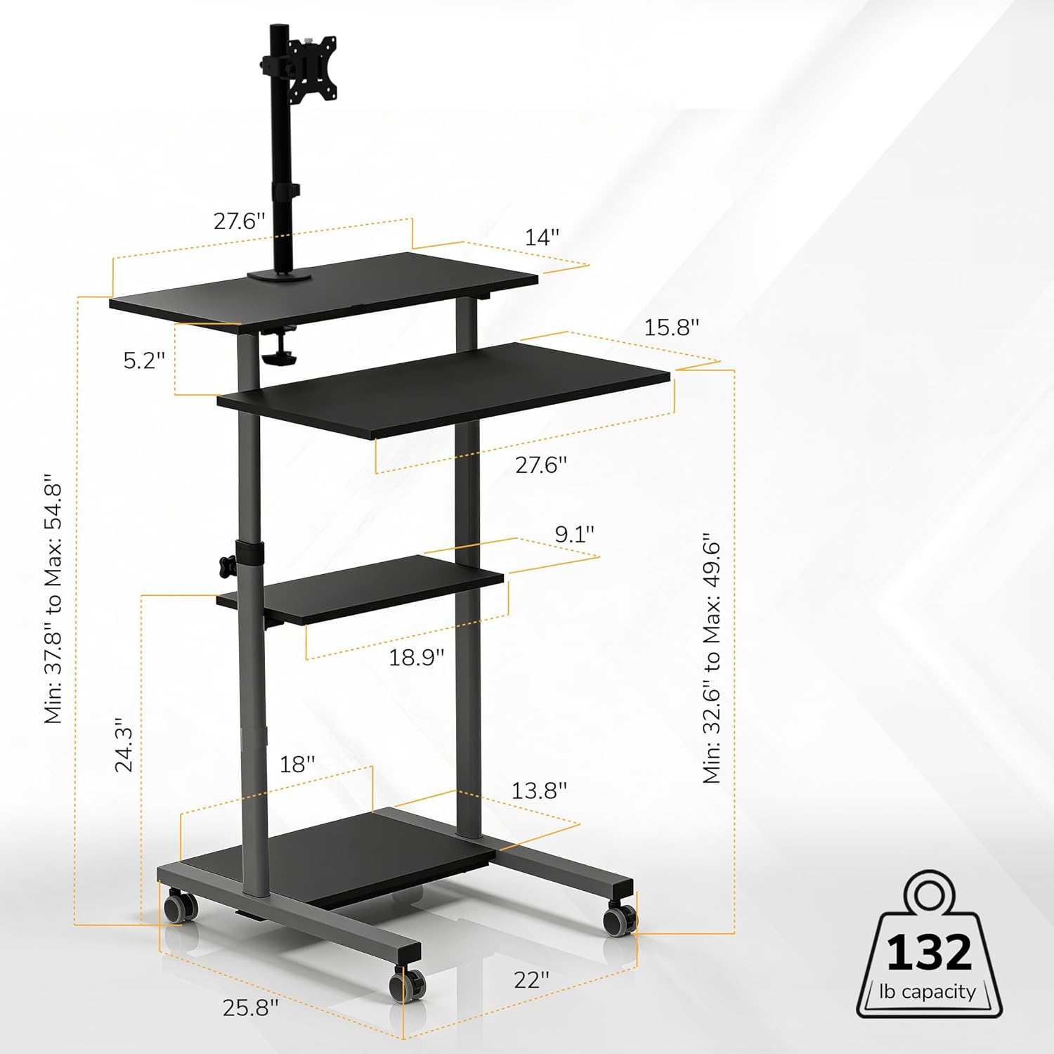 Mount-It! Mobile Computer Cart with Monitor Mount for Screen up to 32", Portable Desk on Wheels, Rolling Laptop Stand Teachers, Office, Classroom, Rise up to 53", Projector, Podium, Keyboard Tray