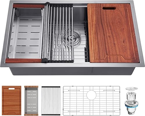 Fregadero de cocina de 32 pulgadas, fregadero de cocina profundo de acero inoxidable de un solo tazón, calibre 16 con revestimiento nano y acabado