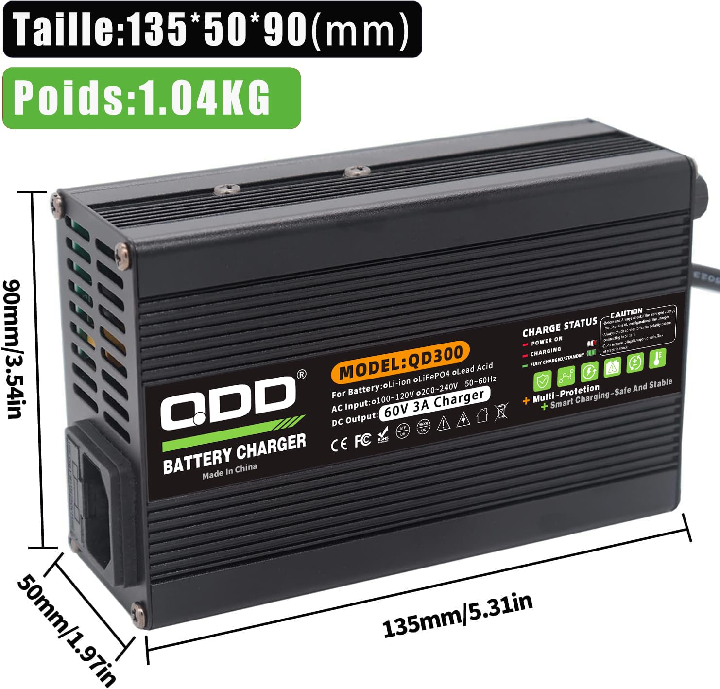 QDD Chargeur 60V 3A Chargeur de Batterie au Plomb 60V Chargeur au Plomb 69V Sortie C13 Prise Utilisée pour la Batterie au Plomb 60V AGM Gel VRLA OPZV