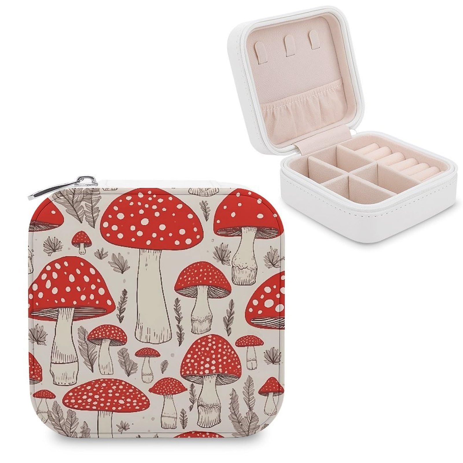 LZQPOEAS Red White Mushroom Jewelry Box, PU Patterned Storage Case, Portable Travel Jewelry Organizer Box for Storing Rings, Pendants, Earrings, Necklaces, And Women's Specialized