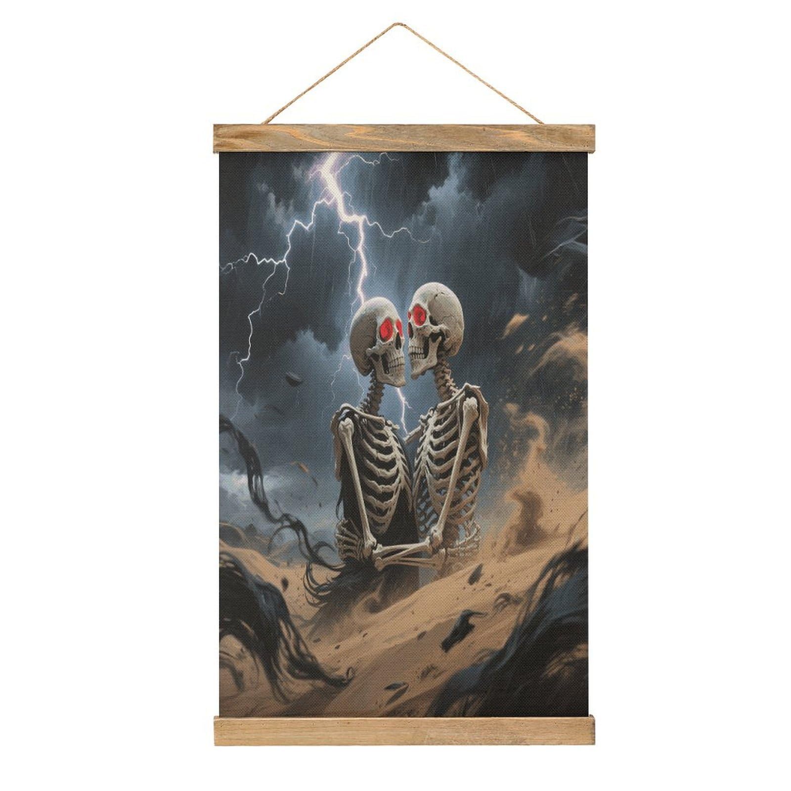 VstaDank The Lovers Skull Hanging Poster with Wooden Frame Modern Linen Hanging Painting Retro Style Wall Decor Art Painting for Living Room,Bedroom Decor Poster Frame 20.4x13.1inch