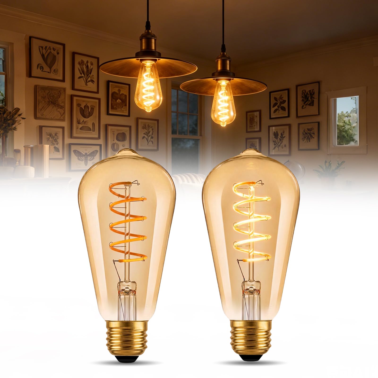 BrightWish 2 Pack Vintage E27 Edison Light Bulb Dimmable ST64 Spiral LED Filament Bulbs, 4W 2200K, Amber Glass Edison Screw Light, CRI 90+ Decorative Bulb for Living Room Bedroom Cafe Restaurant