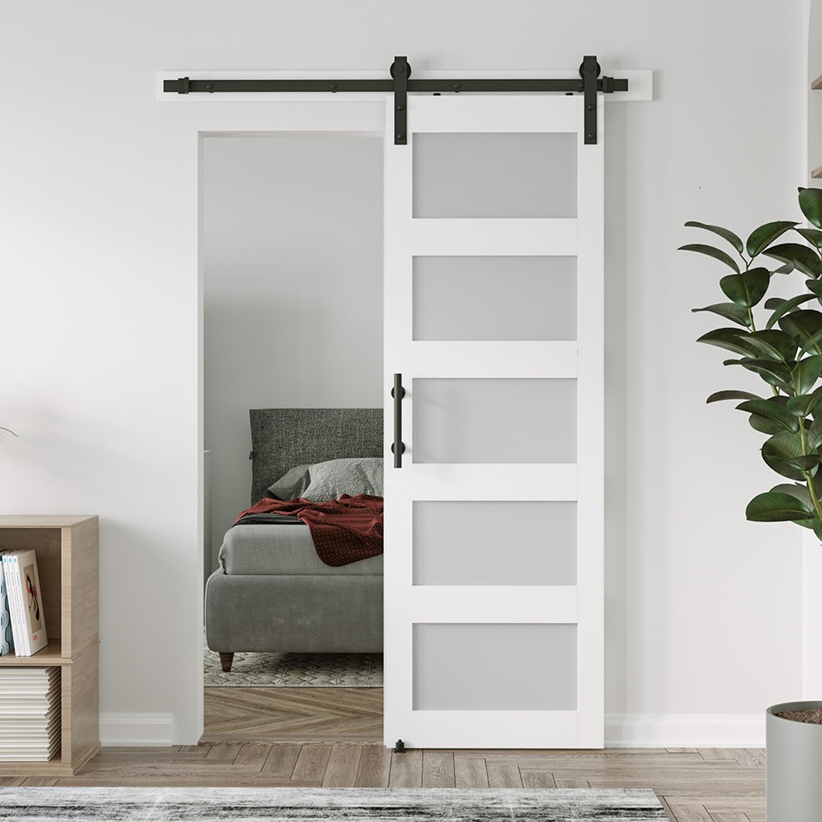 26in x 84in 5-Panel Sliding Glass Barn Door with 5ft Hardware Kit Included, Easy Assembly with Pre-Drilled Holes, Waterproof, Frosted Glass for Bathroom-Fit Max Opening 24in x 82in, White