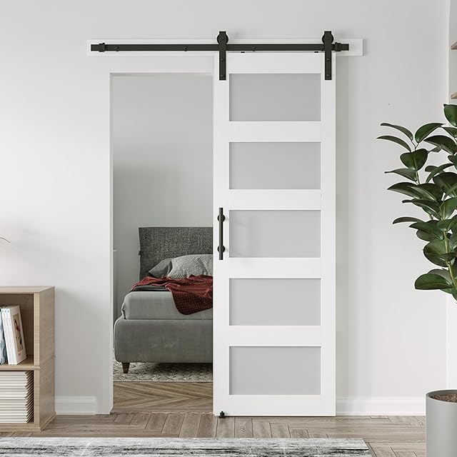COSHOMER 26in x 84in 5-Panel Glass Barn Door with 5ft Sliding Door Hardware Kit & Handle, Pre-Drilled Holes Easy Assembly - Barn Door Slab & MDF Inside Covered with Water-Proof PVC Surface, White