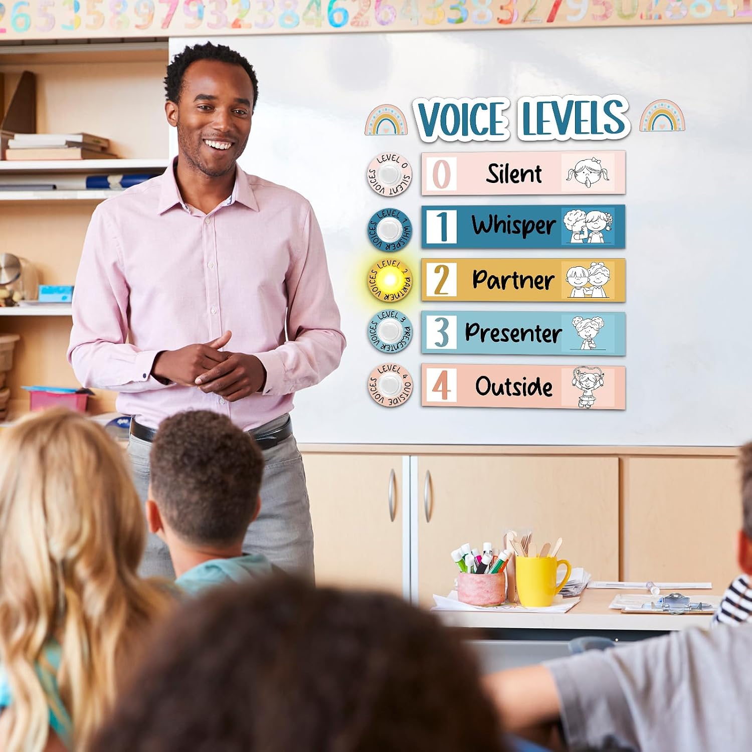Naozinebi Boho Voice Noise Level Poster with 5 Pack Puck Lights - Rainbow Display, Educational Sign for Classroom Decor