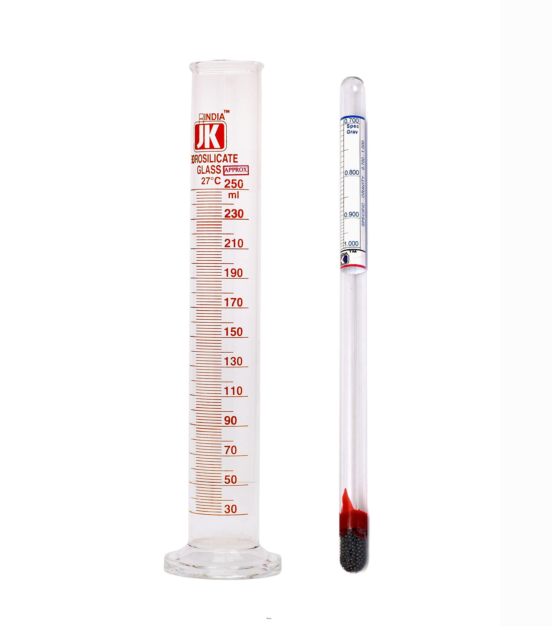 SEEKING SOLUTION- Borocilicate Mesuring Cylinder 250 ml. with Clear Glass Hydrometer for Measuring Light Liquid Testing,Density (Range -700-1000)
