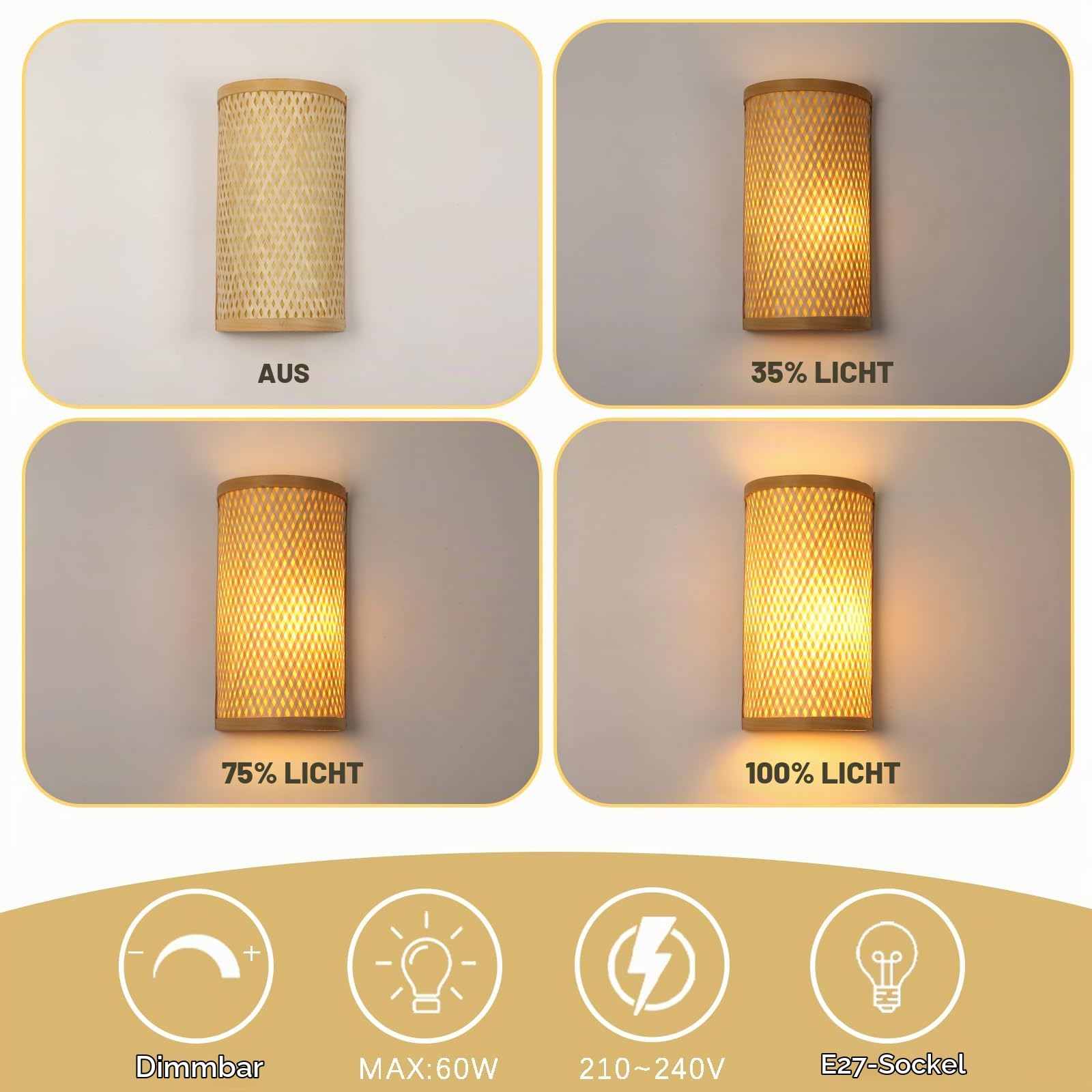 Bambus Wandleuchte Innen Boho,Holz Wandlampe Vintage Rustikales Dekor Lampe E27 Hand Gewebt Lampenschirm For Wohnzimmer Schlafzimmer Wand