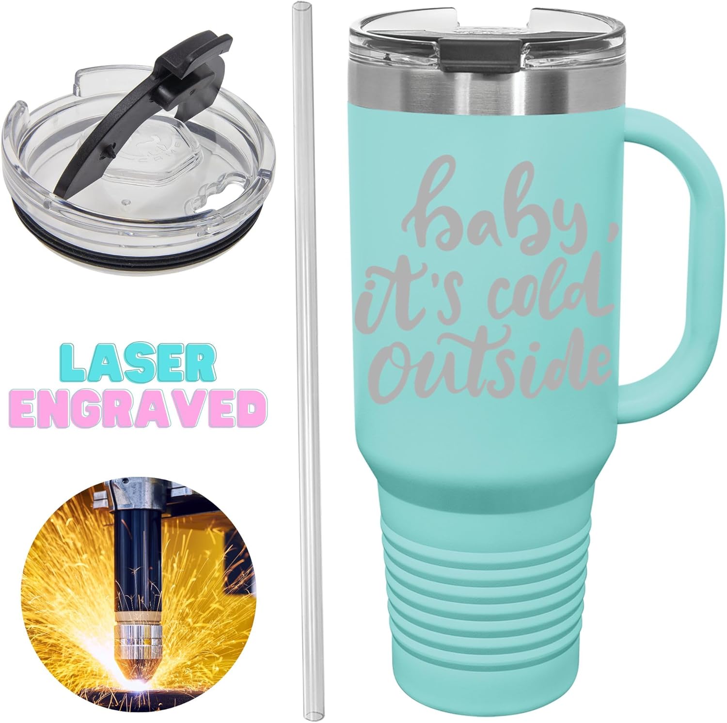 Customized Tumbler With Handle, Custom 40oz Travel Cup With Lid And Straw, Personalized Tumblr Laser Engraved With Name, Logo, or Text, Personalized Gifts For Family or Friends