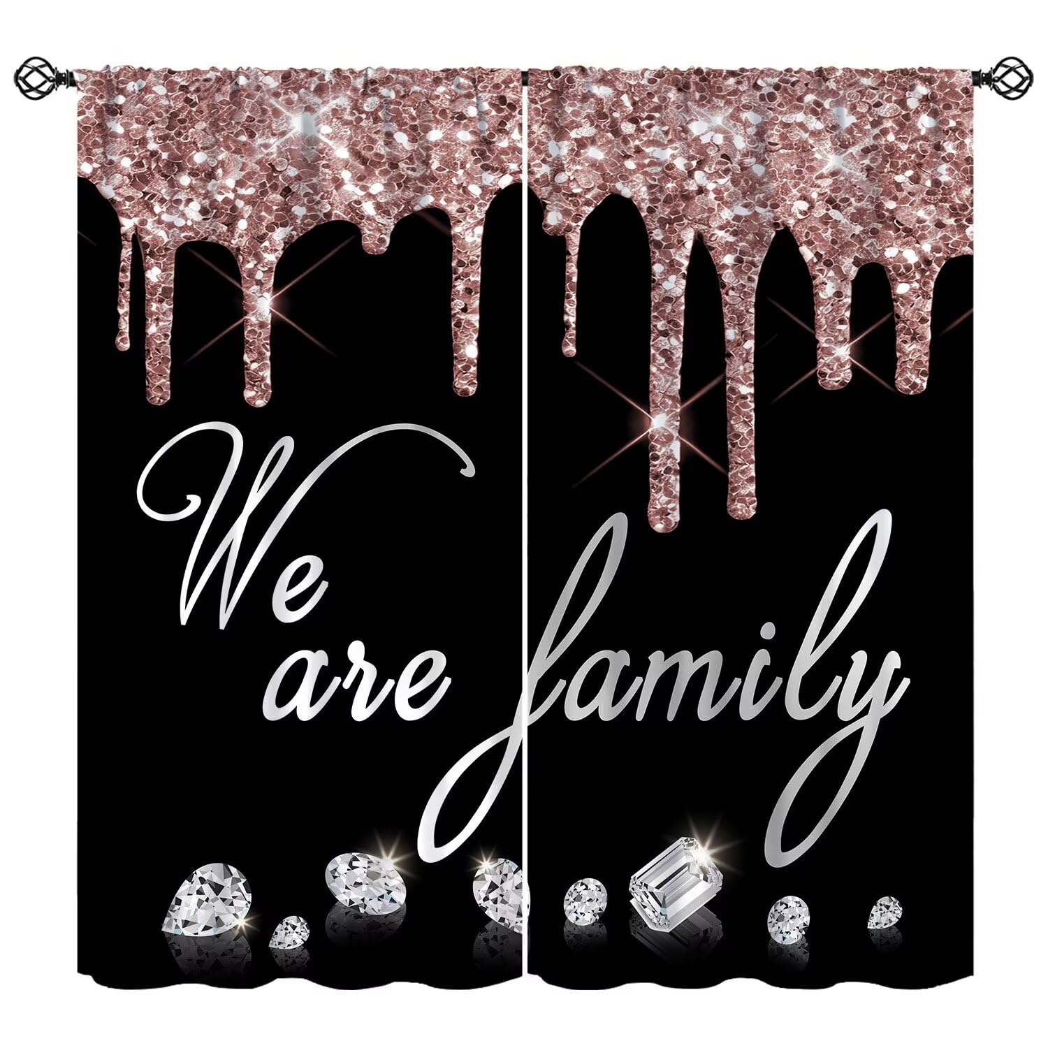 moderw Family Glitter Diamond Curtain Black White Family Sparkle Shimmer Bling Window Treatments Pink Shiny Drip Luxury Window Drapes (No Glitter) for Bedroom Living Room Home W84xL84in