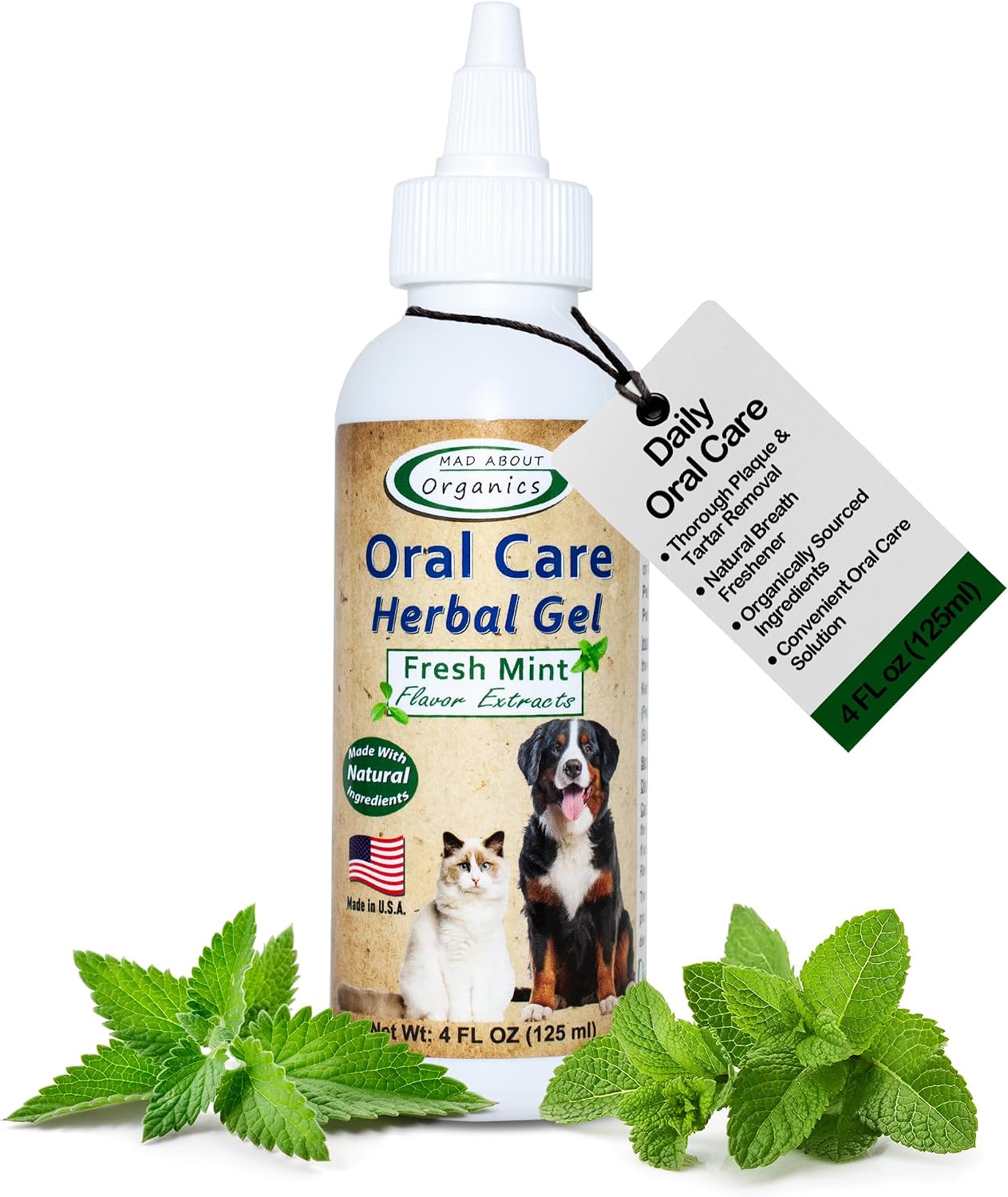 Oral Care Herbal Gel for Dogs & Cats - Quick-Acting Plaque & Tartar Remover with Peppermint, Spearmint & Wintergreen, Freshens Breath Naturally, No Brushing Needed, 4oz Bottle