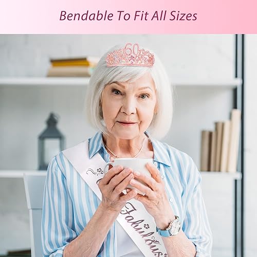 Miniatura 7 de MEANT2TOBE Banda y tiara de cumpleaños número 60 para mujer, fabulosa banda con purpurina + flores de diamantes de imitación rosa tiara de metal