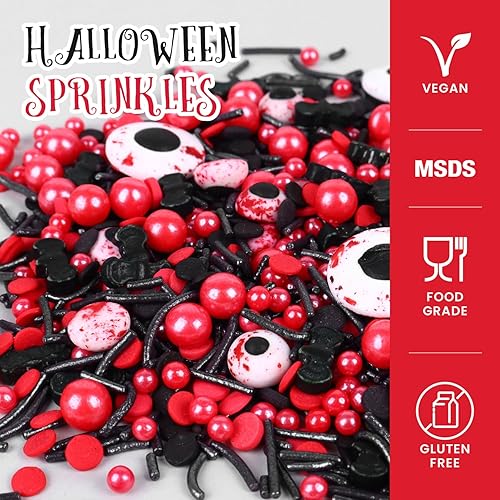 Miniatura 4 de Gránulos de Halloween para decoración de pasteles, gránulos de perlas negras y rojas con murciélagos negros y dulces de globo ocular, perfectos