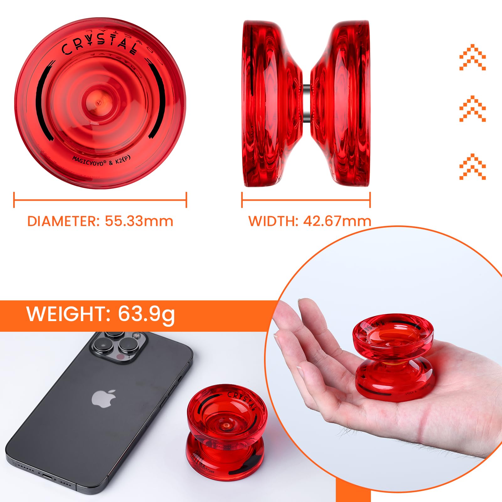 MAGICYOYO JoJo K2 Crystal Yoyo professionnel réactif pour enfants | YoYo double usage pour enfants, débutants et confirmés, avec 12 cordons Jo Jo, roulements et outils (cristal rouge)