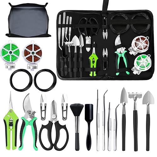 Bonsai Tree Kit, 20 Pcs Gardening Succulent Tools Set, Bonsai Tool Kit Include 262 Feet Bonsai Wire, 29.5"x29.5" Plant Repotting Mat, Bonsai Scissors, Pruning Shears, Unique Gift for Indoor Gardening - Green