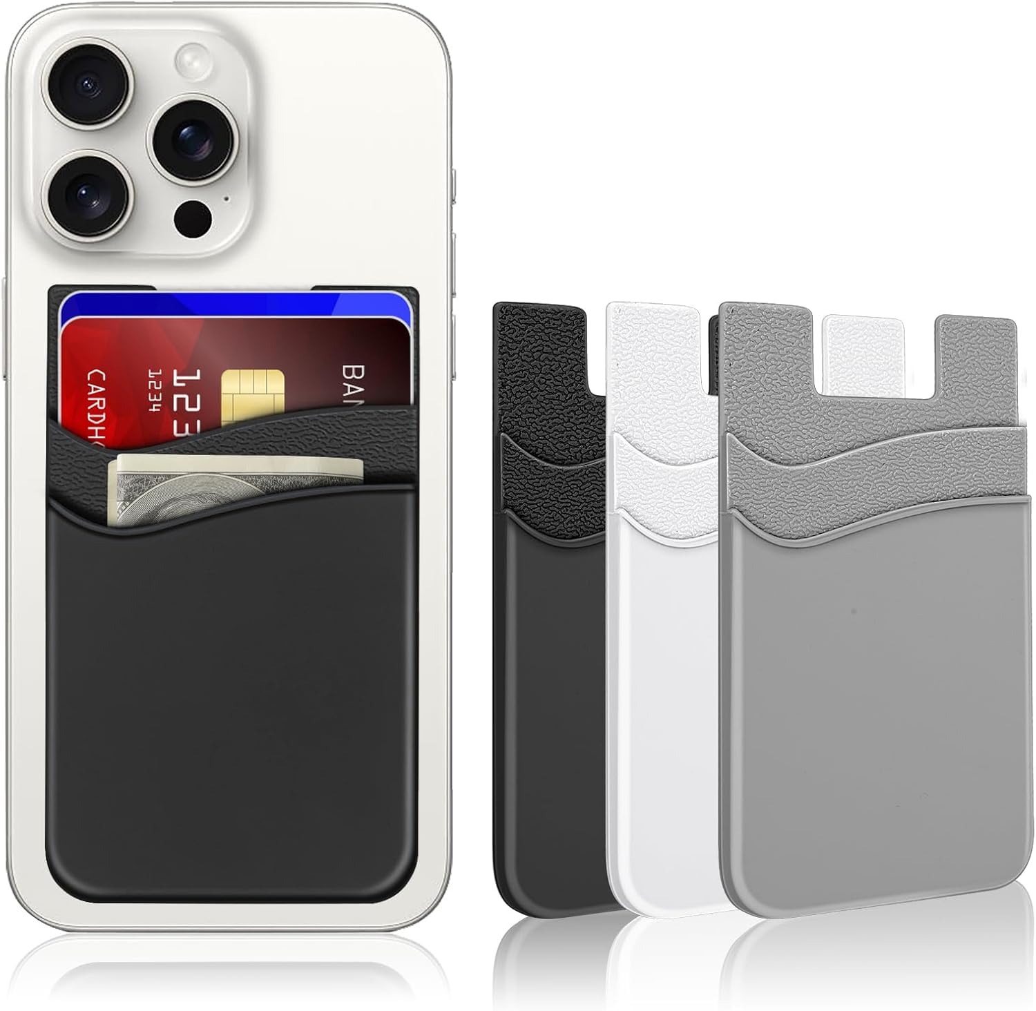 Aowin 3 Pack Adhesive Phone Card Holder,Leather Phone Wallet Stick On Back of Phone,ID Card Credit Card Holder Pocket for Phone,Anti Slip Phone Card Pouch Compatible for All Phone(Black,White,Grey)