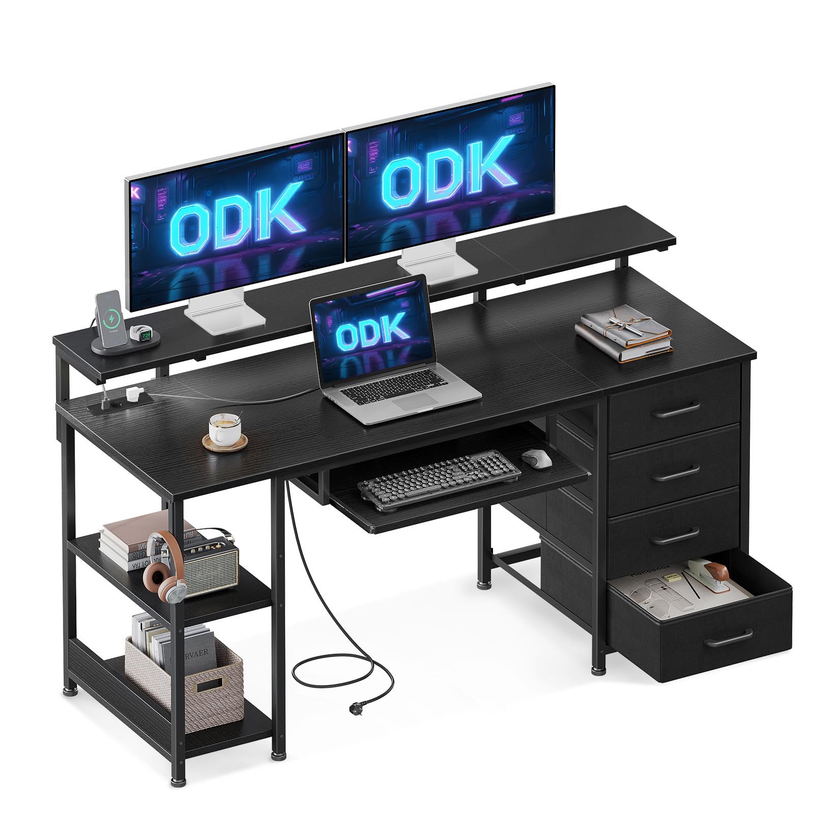 ODK Scrivania con 4 Cassetti, 140x52x92cm Scrivania per Computer con Presa di Corrente e Ricarica USB, Scrivanie Gaming Tavolo Scrivanie con Ripiani Regolabili per la Casa, Nero