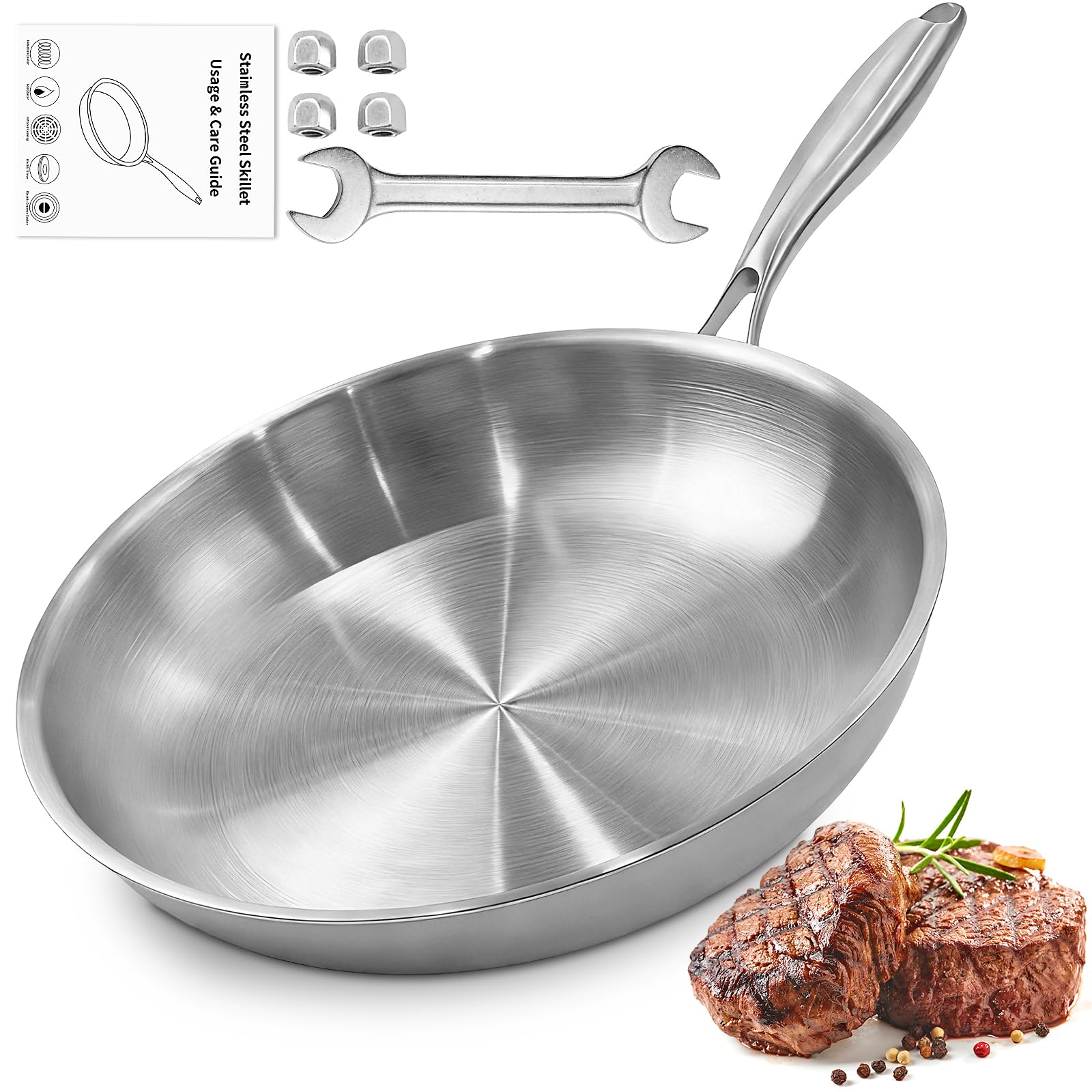 Tri-Ply Stainless Steel Frying Pans 12 Inch Fast and Even Heat Cooking Pan Durable Stainless Steel Skillets with