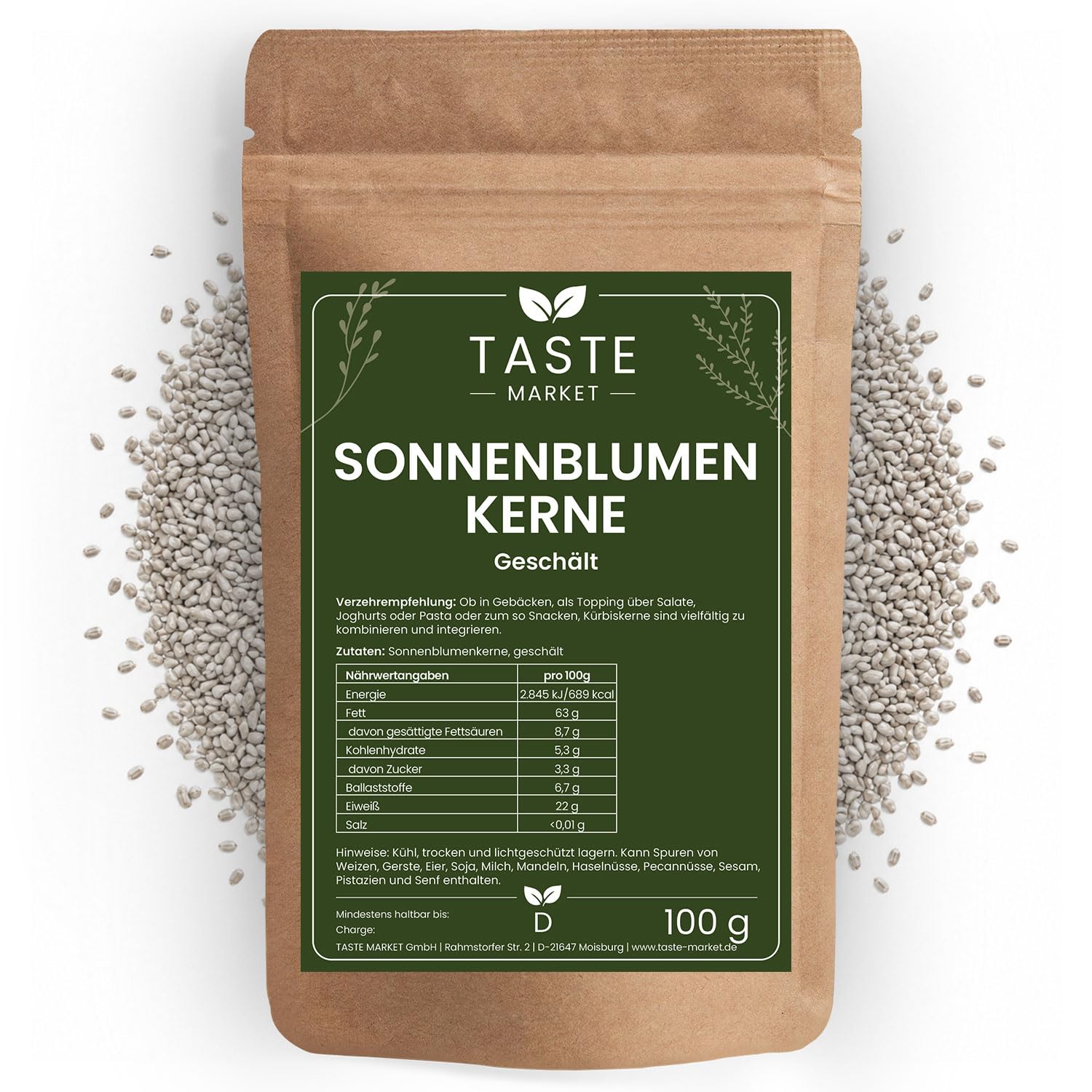 25 kg Sonnenblumenkerne – geschält – unbehandelt – zum Essen, Kochen & Backen –Taste Market
