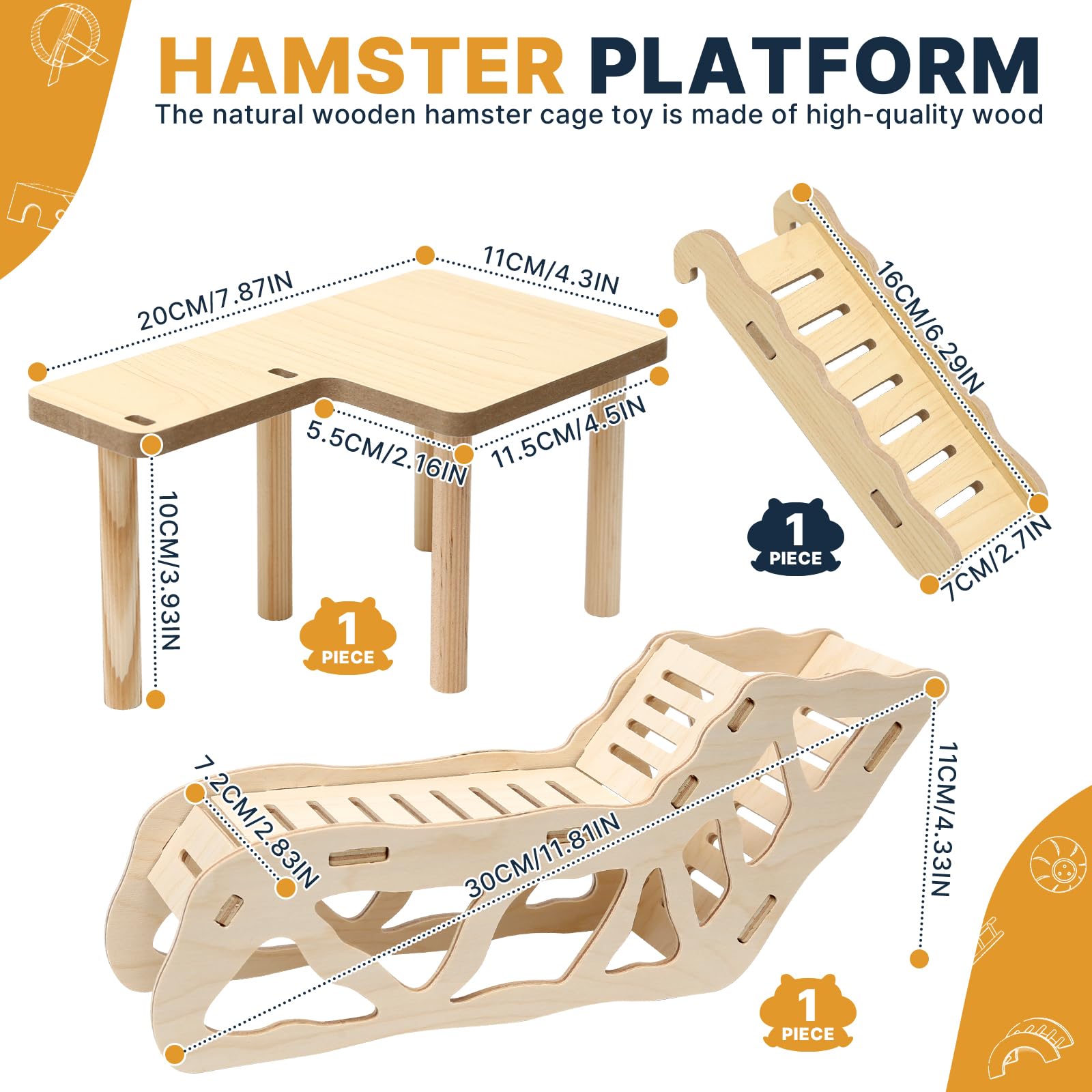 Plateforme en Bois pour Hamster avec Échelle d'escalade et Tunnel, Set Plateforme pour Petit Animal de Compagnie, Hamster Russe Doré Syrien Nain, Jouet à Mâcher Accessoire Cage