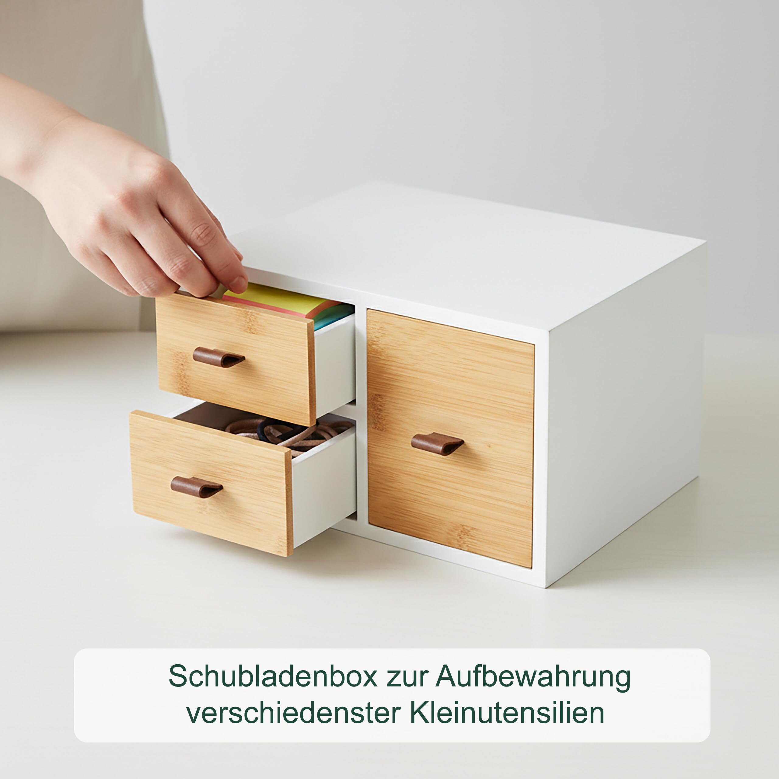 Relaxdays Schubladenbox Bambus & MDF, 3 Schubladen, Schlaufen, HBT: 15x25x20 cm, Schreibtisch Organizer, schwarz/Natur