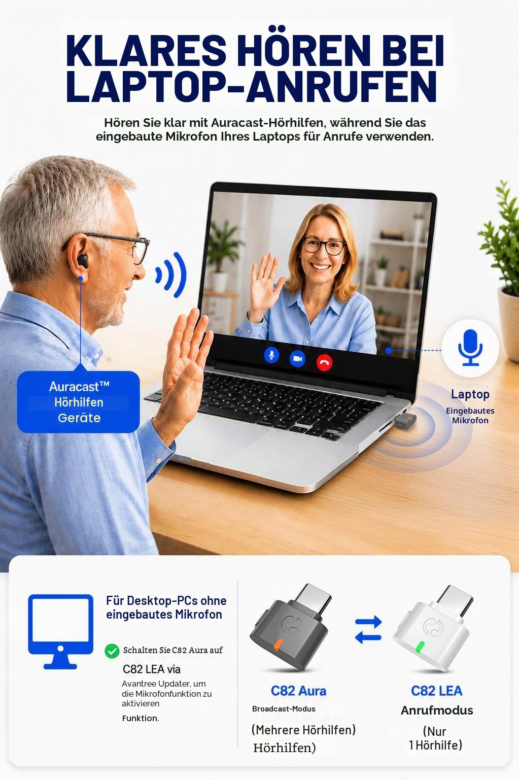 Avantree C82 Aura – Auracast Audio-Transmitter mit Privat- & Öffentlich-Modus, Überträgt an Mehrere Auracast-Geräte, Qualcomm Bluetooth 5.4, Firmware-Upgrade, USB-C-Adapter für PC, Mac & Smartphones
