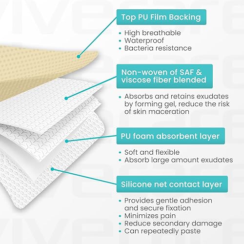 Miniatura 7 de ViveCare - Apósito de espuma de silicona sacra de 7 x 7 pulgadas con adhesivo en el borde, vendaje de espuma para heridas de cama, almohadilla sacra