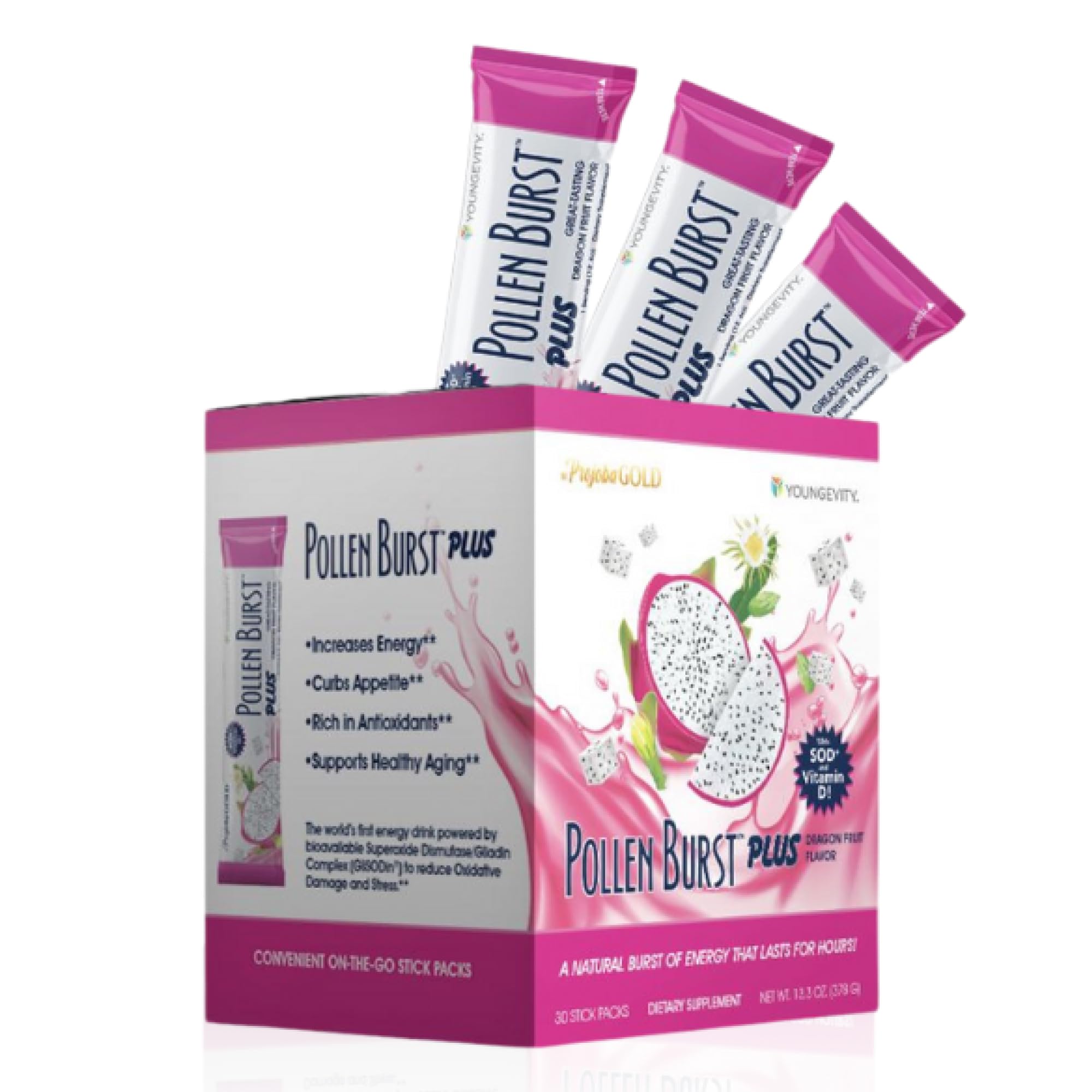 Youngevity ProJoba Pollen Burst™ Dragon Fruit - Clean Natural Energy Supplement w/Green Tea, Pollen Extract, GliSODin® - Increase Focus, Brain Boost, Endurance, Mental Clarity (30 Sticks)
