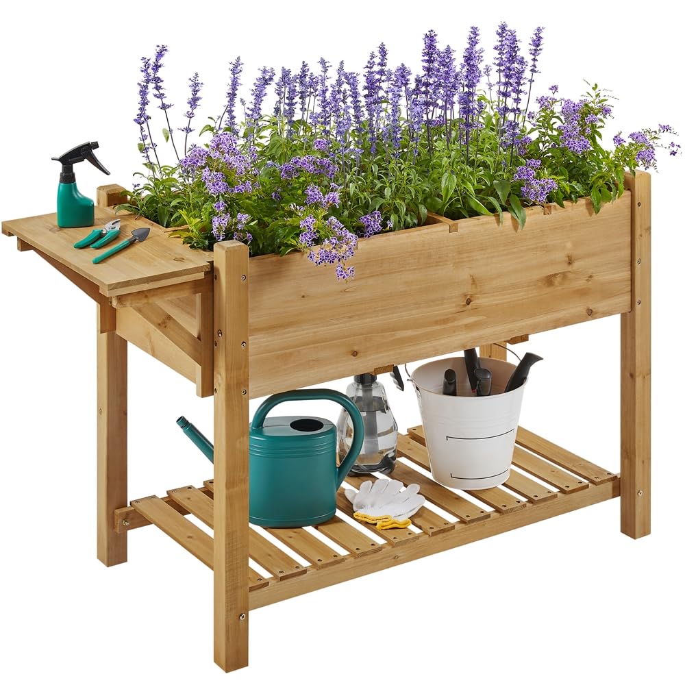 Yaheetech Huerto Urbano con Estante 123,5x54x80cm Macetero Jardinera Elevada de Madera Abeto con Rejillas de Cultivo Extraíbles y Forro Interior de Tela para Jardín/Terraza/Balcón Marrón Claro
