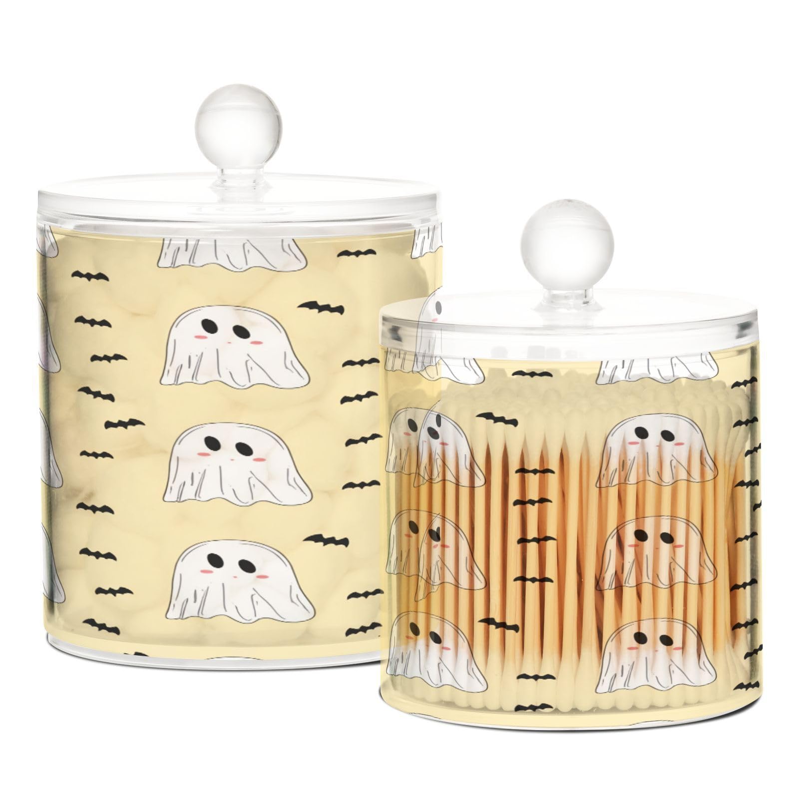 BOESI Bathroom Organizer Set of 2, Cotton Swab Caddy with Lid Dispenser, Halloween Ghosts and Bats