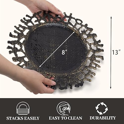 Miniatura 5 de MAONAME Juego de 6 platos de carga negros de 13 pulgadas, cargador redondo para platos llanos, cargadores de platos de plástico, cargadores de mesa