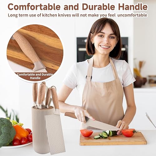 Miniatura 6 de Juego de cuchillos de cocina, juego de 6 cuchillos de cocina caqui con bloque de cuchillos, cuchillas afiladas de acero inoxidable antiadherentes,