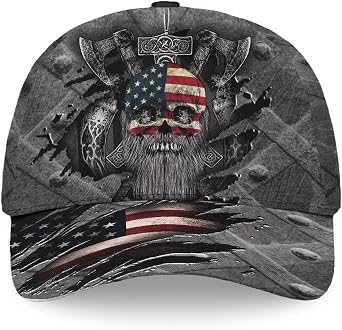 Viking American Flag Skull Cap for Men, Viking Skull Us Flag Skeleton Gothic Horror, Adjustable Caps for Men Women