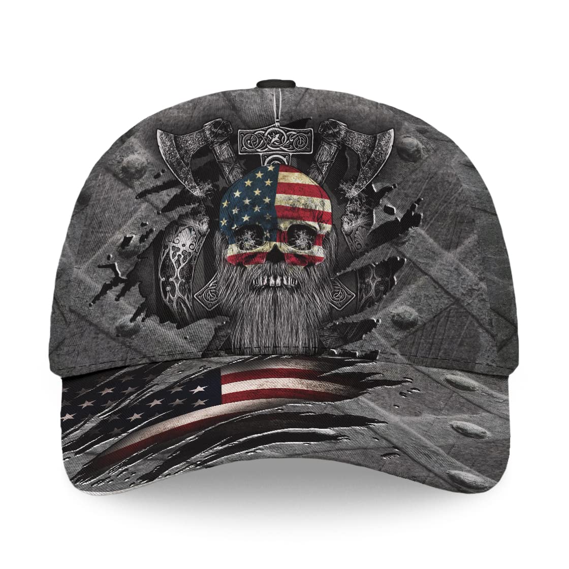 Skull Baseball Cap for Men, Grim Reaper Death Crack Old Metal with Flag, Men's Hat, Adjustable Motorcycle Soft Caps
