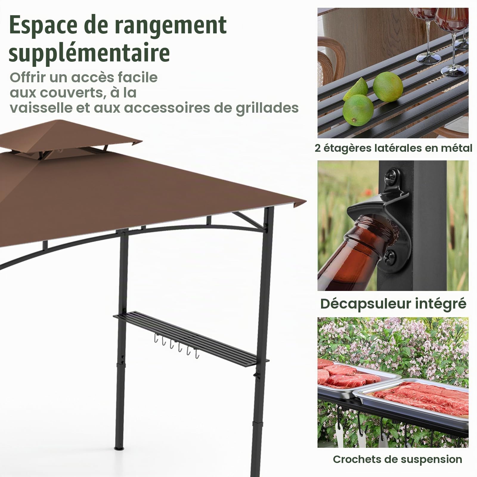 HOMASIS 3 m Tonnelle de Jardin Pliante Extérieur avec Auvent Latéral, Gazebo Barbecue avec Double Toit, 2 Tables, Crochets et Ouvre-Bouteilles, Pergola de Réception Résistant aux Intempéries (Brun)