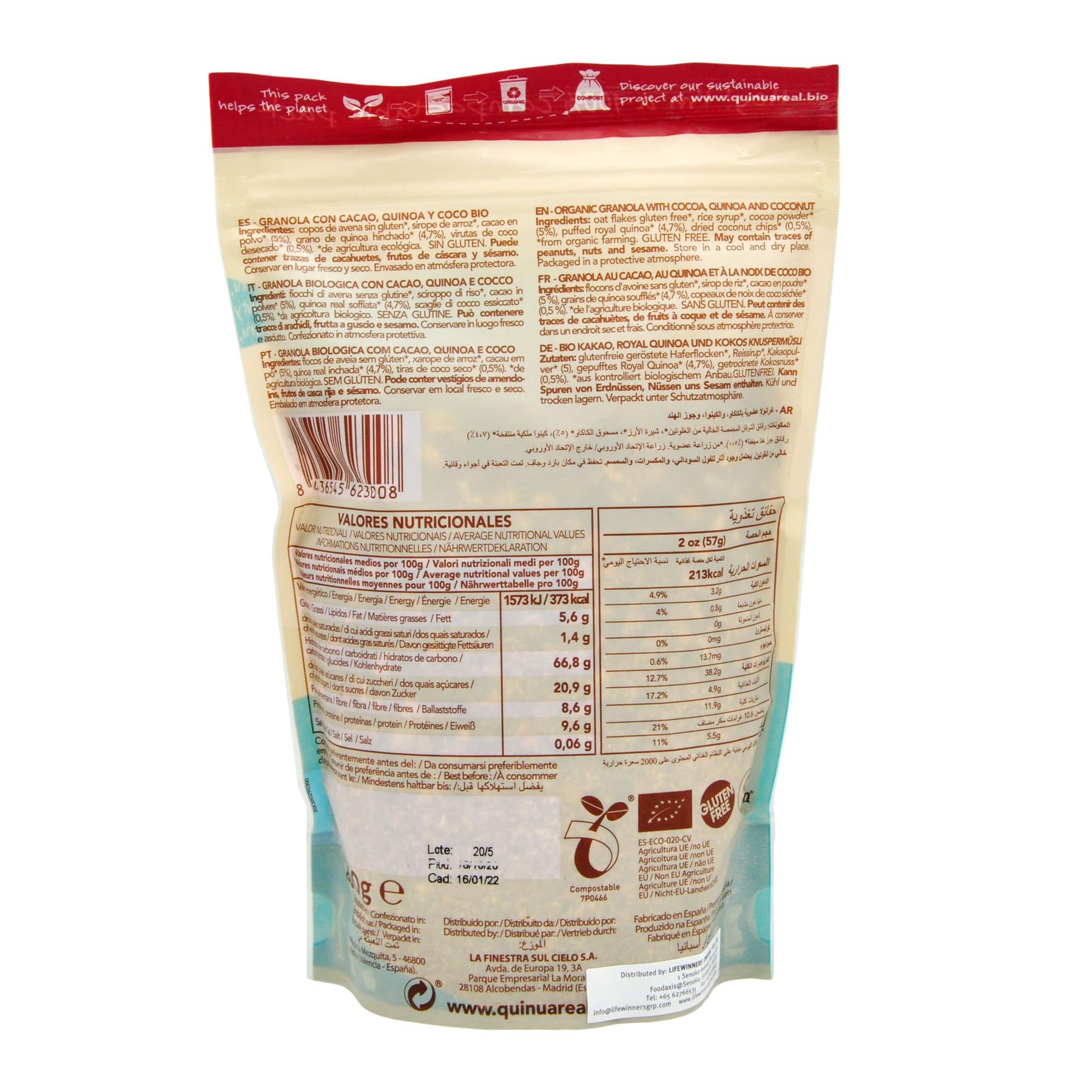 Granola de quinoa real con cacao y coco sin gluten BIO - Quinua Real - 275g