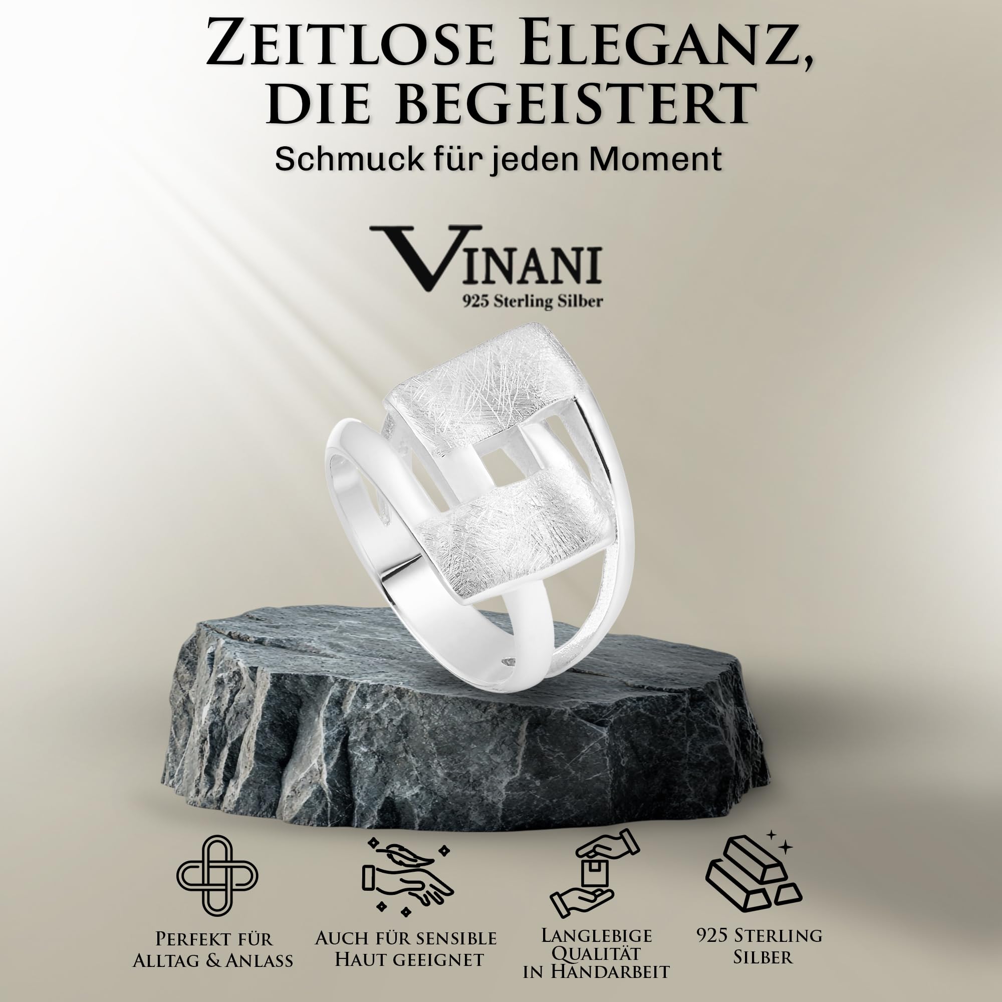 Vinani Damenring aus 925 Sterling Silber – Massiver, gebürsteter Ring mit geschwungenem Viereck-Design, nickelfrei & antiallergisch, handgefertigter eleganter Silberschmuck