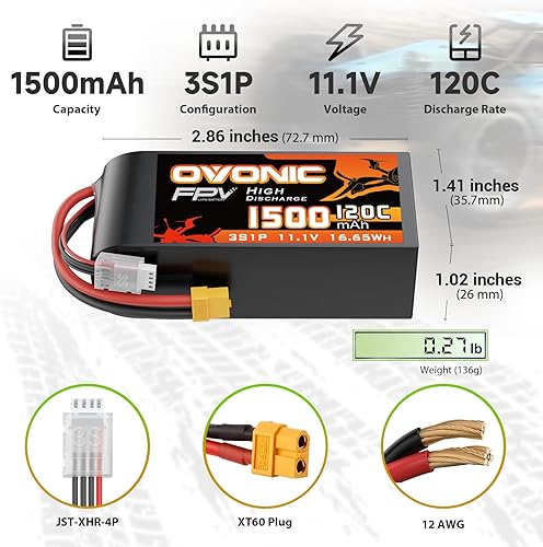 Miniatura 2 de OVONIC Lipo Batería 11.1V 120C 1500mAh 3S RC Batería con enchufe XT60 para FPV Racing Drone Quadcopter Helicóptero Avión RC Barco RC Car RC Modelos