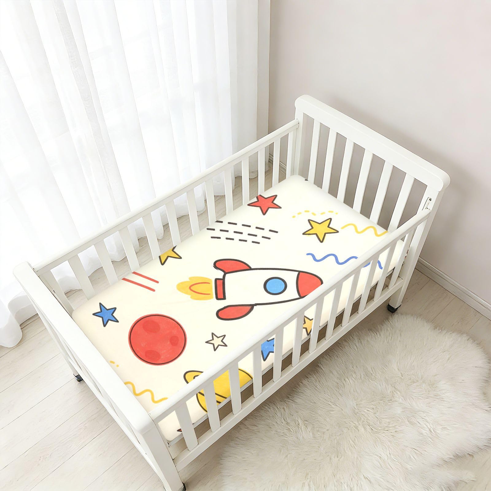 Planet Stars Cartoon Spaceship.png Lenzuola per culla per neonati e ragazze, in cotone, morbido e traspirante, materassi per bambini per la decorazione della cameretta dei bambini, 1 confezione de
