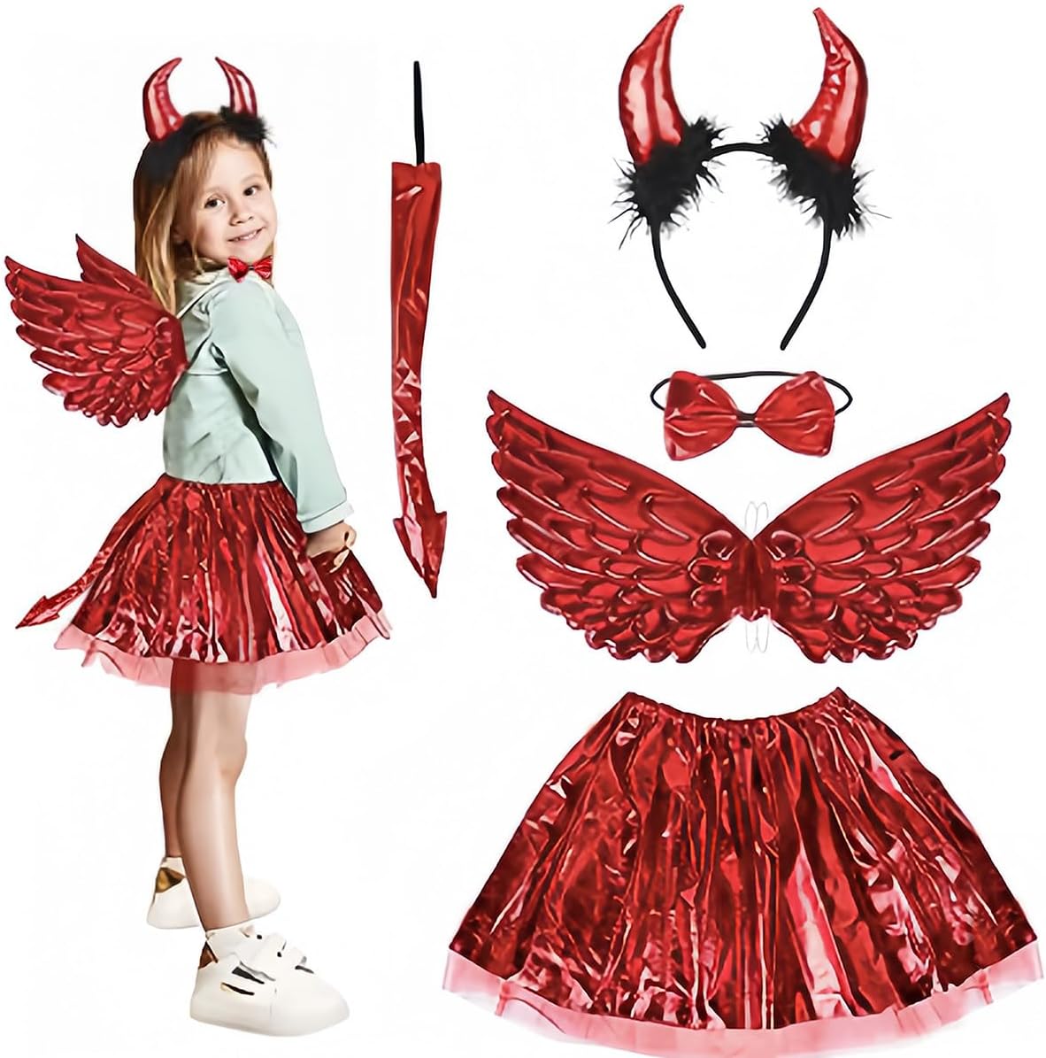 Halloween Costume Girls Red Devil Dress Up with Wing Cowhorn and Headwear Halloween Angel Costume Kids Stage Performance Costume for Halloween Christmas Birthday and Party